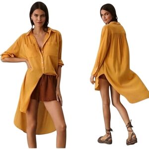 Anthropologie Golden Yellow Gauze Cotton Oversized Duster Tunic Top XS Pool Boho